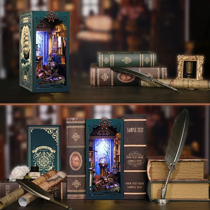 Model Kit Glue - ชุดประกอบชั้นวางหนังสือไม้รูปทรงทะเล OUZEY พร้อมไฟ LED สำหรับนักสะสมและเพื่อนๆ