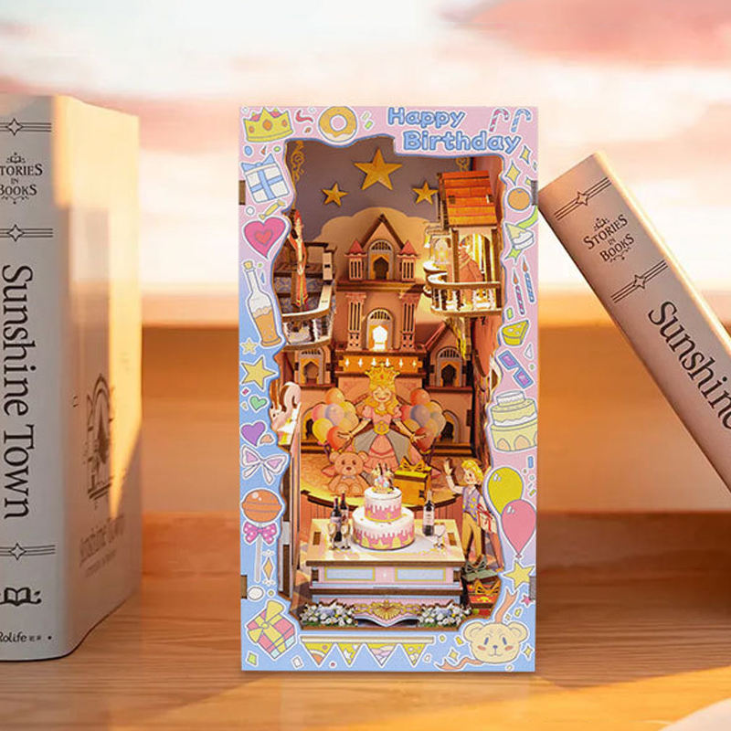 Model Kit Glue - DIY หนังสือไม้ Nook ชั้นวางชุดเค้กวันเกิดแฮปปี้ Miniature ชุดชั้นวางหนังสือ